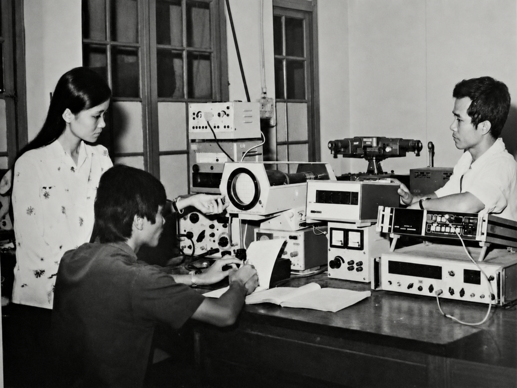 Giảng viên và sinh viên Khoa Vật lí đo các thông số của nhiệt điện trở trong phòng thí nghiệm năm 1986